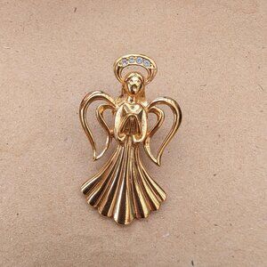 Vintage Gold Tone Angel Pin with Rhinestone Halo